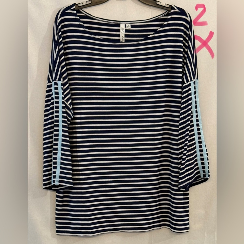NY Collection Navy and White Striped Long Sleeve Top with Light Blue Sleeve Trim
